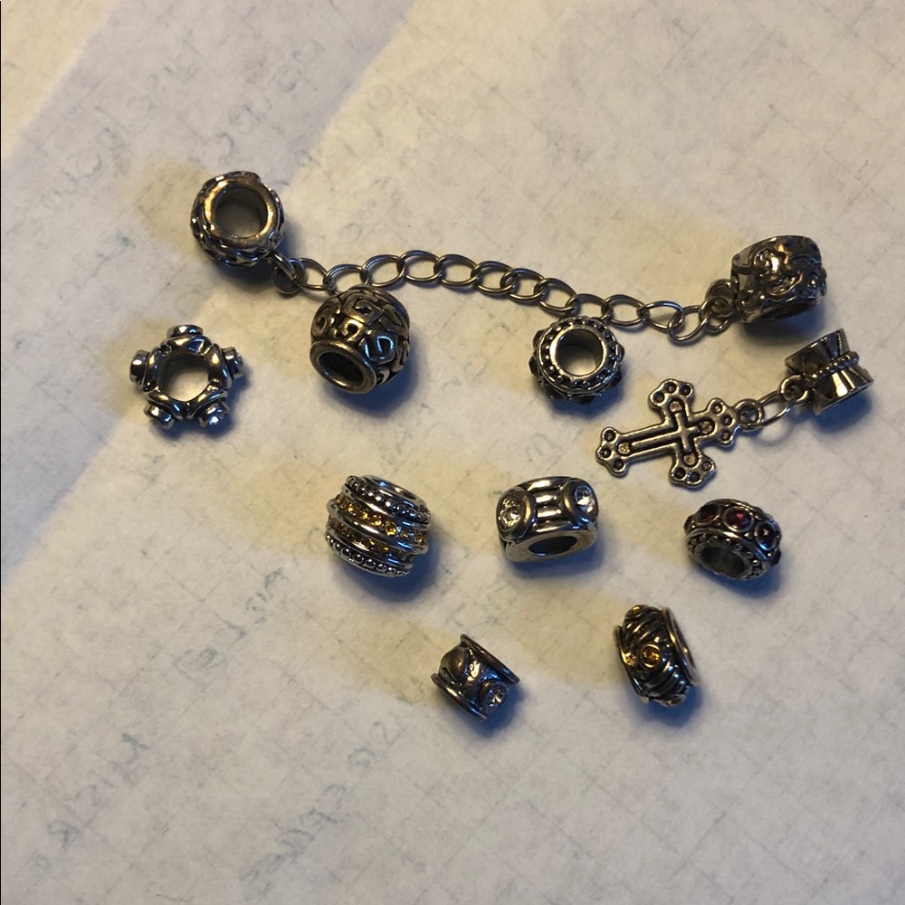 Silver Charm Beads with Safety Chain and Cross Charm